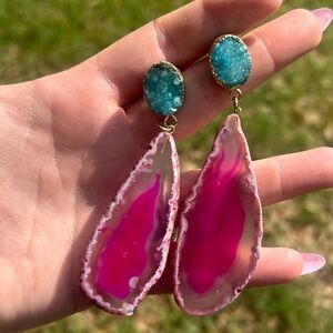 Geode Agate Stone Post Dangle Statement Earrings